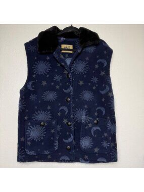 Vintage Tiace Canada Fleece Vest With Velvet Collar & Celestial Star Moon Print